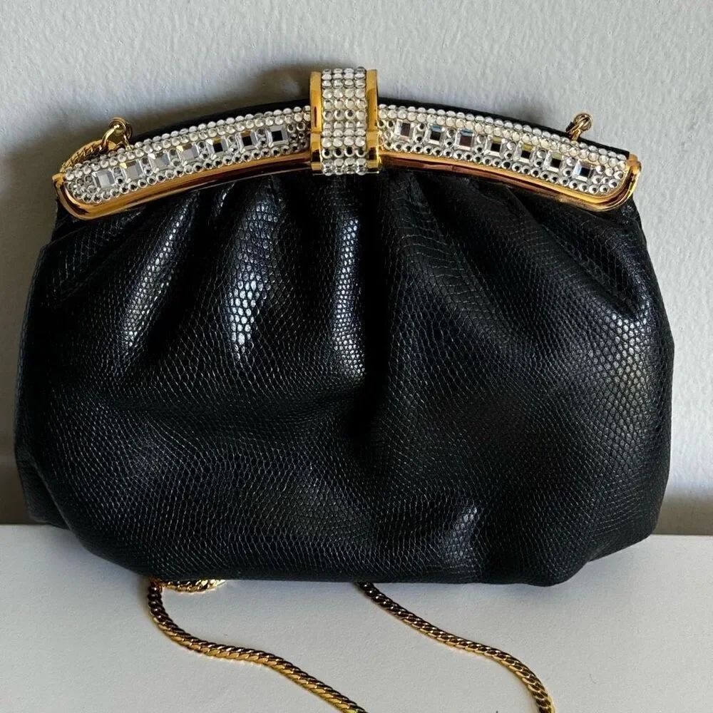 Black Leather Crossbody Purse With Pave Style Crystals And Gold Strap